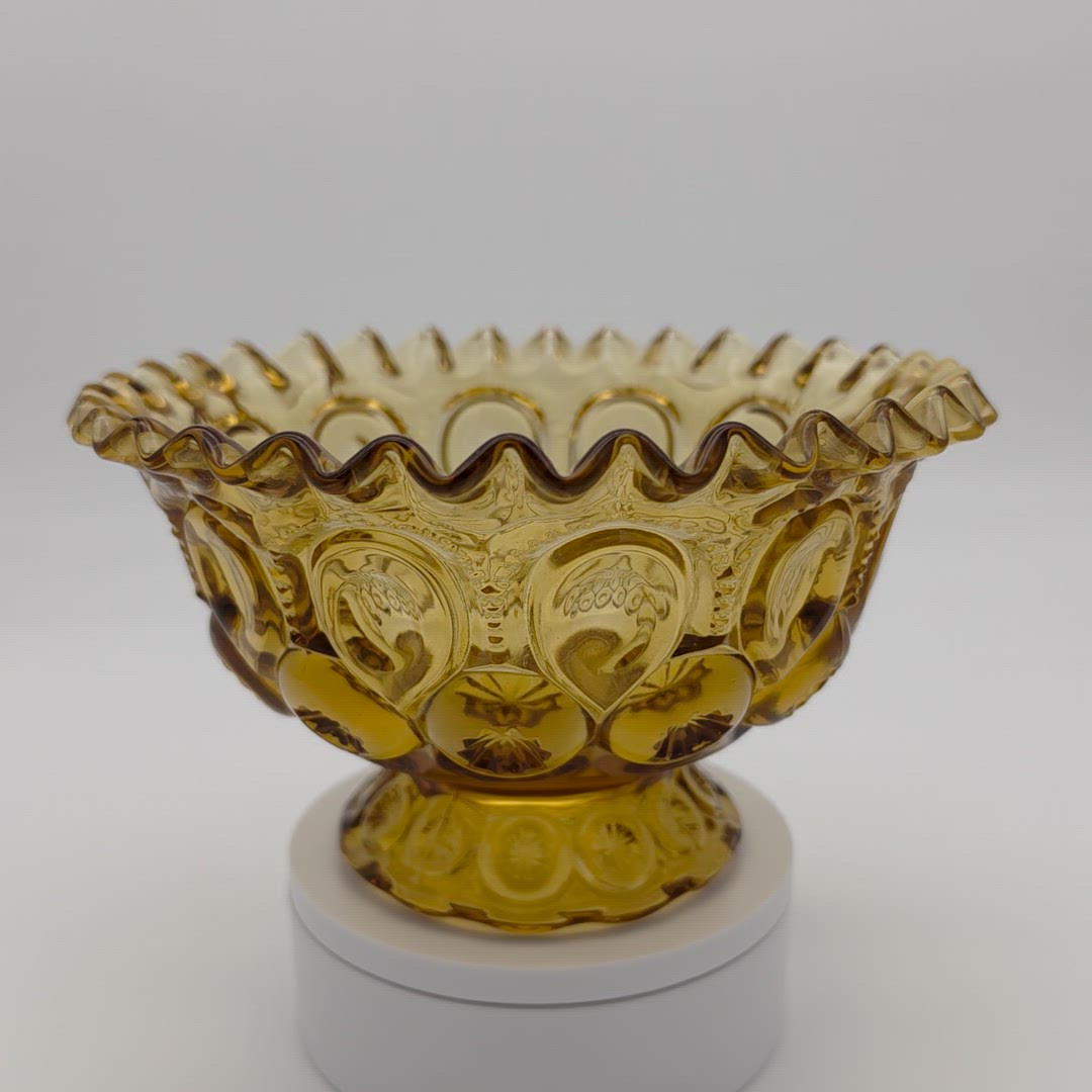 Vintage L.E. Smith Amber Moon and Stars Glass Pedestal Compote Bowl - Ruffled Rim