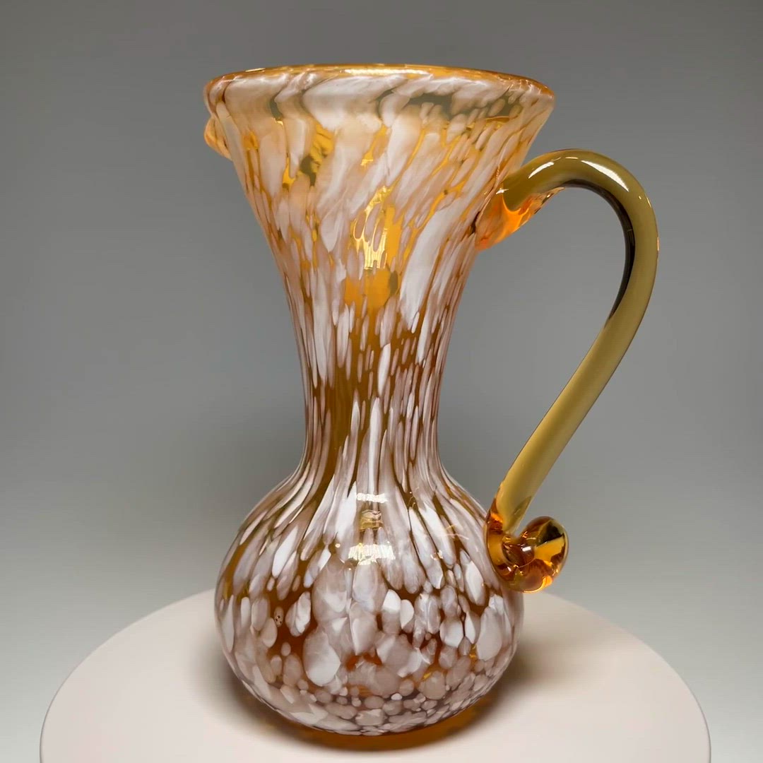 Vintage Rainbow Art Hand Blown Glass Amber Yellow White Pitcher Vase 5.25" UV Cadmium GLOW