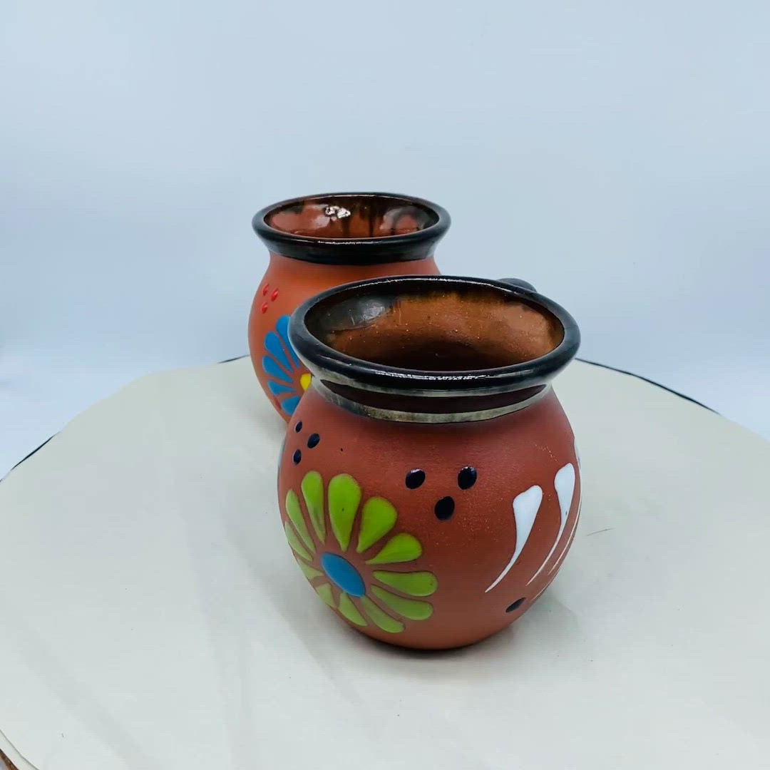 #1714 Coffee Tea Handmade Pottery Pair Of Mugs Red ware Colour Glazed