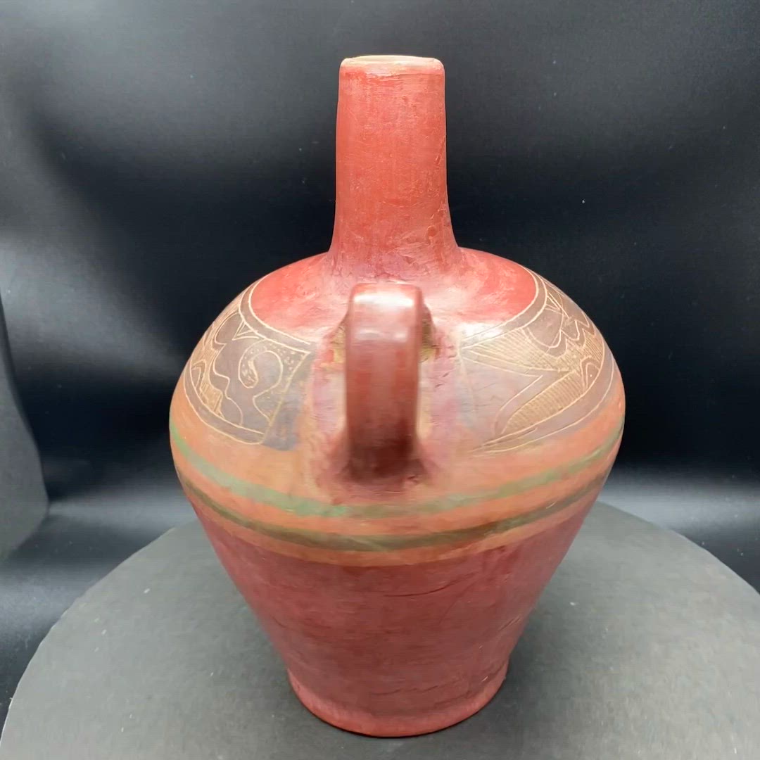 #3019 Mexican Pottery Vessel Clay Hand Made Carved Frieze round handle 10 inch