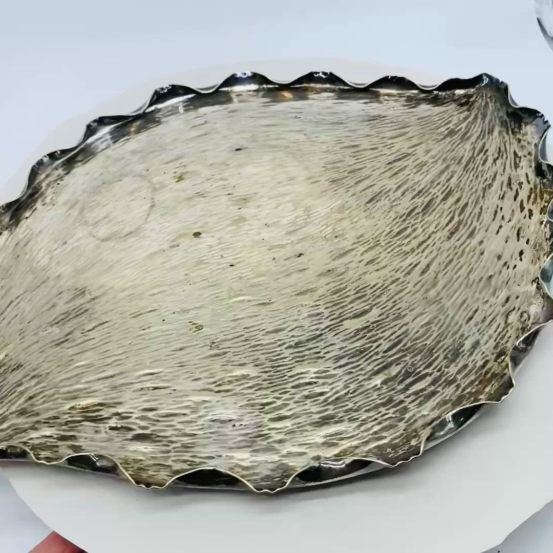 #3502 large textured hallmarked, silver plate, leaf shape metal platter
