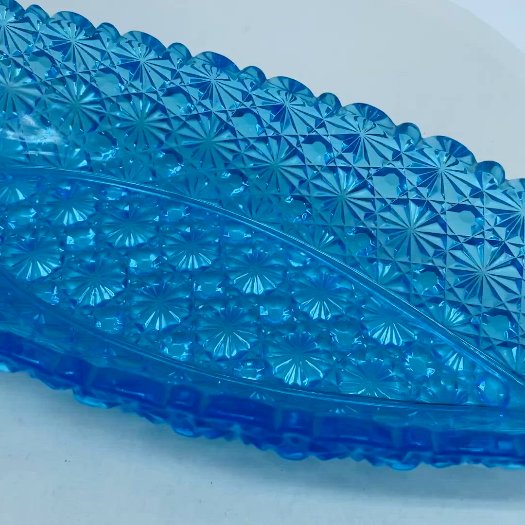 #0204 Fenton Daisy and Button Canoe celery dish in blue Glass