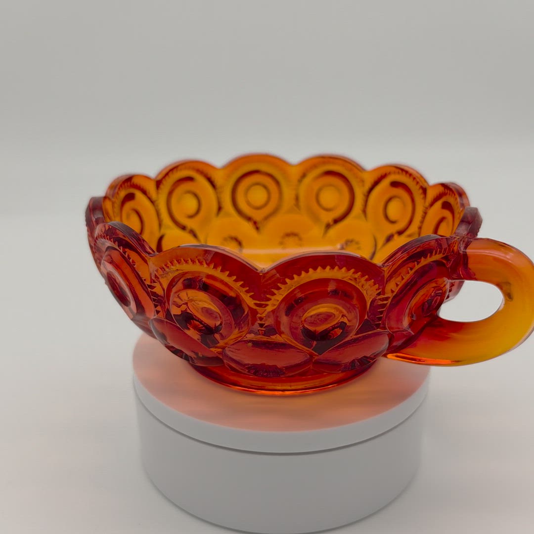 Vintage L.E. Smith Amberina Moon and Stars Handled Nappy Dish *GLOWS*