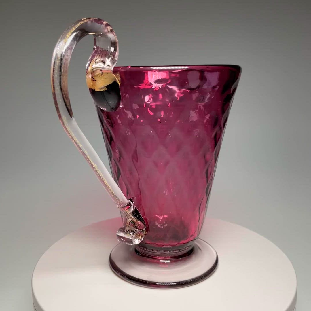Vintage Amethyst Purple Diamond Optic Hand Blown Glass Footed Pitcher 5.25" STRONG UV Manganese GLOW