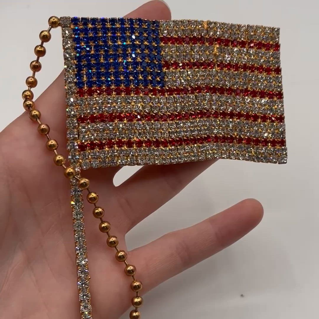 RWB - Large 5” Rhinestone American Flag Brooch Gold Tone