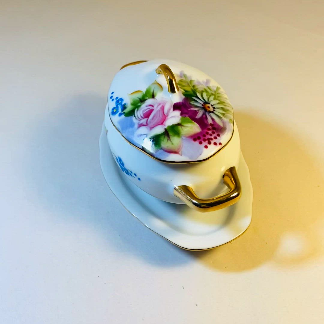 #4816 Lefton Vintage Lid Bowl Jelly Relish Sugar Floral Attached Underplate