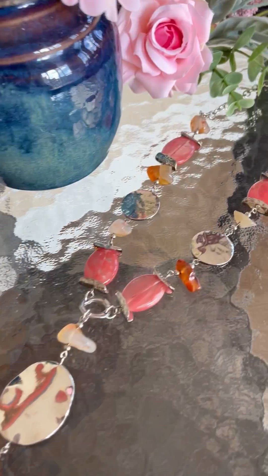 Hammered Metal Cherry Quartz Pendant Necklace