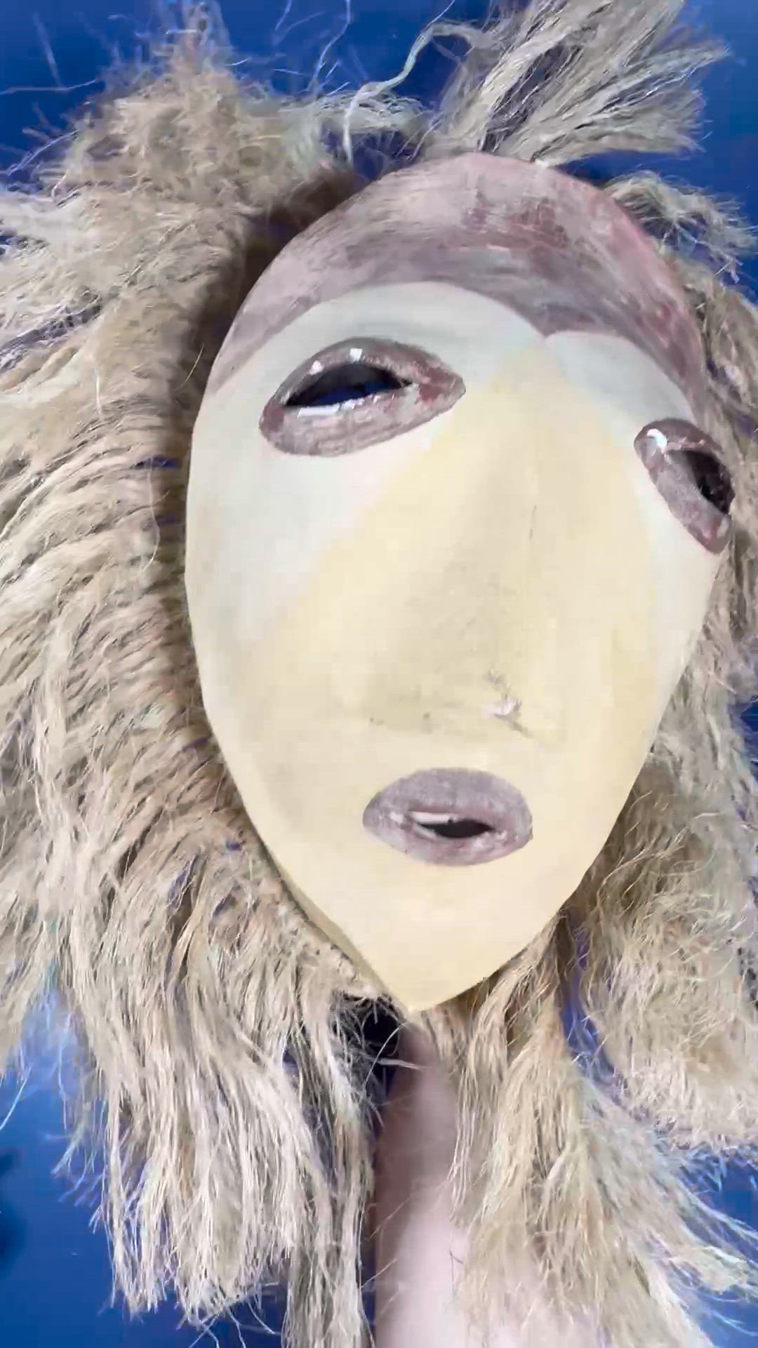 Vintage Paper Mache Mask 12x8 w/ Twine Hair – Folk Art Wall Decor