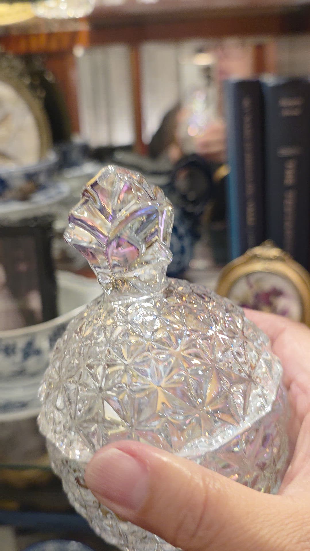 Vintage Iridescent Cut Glass Pineapple. Lidded Candy Dish | Starburst Pattern