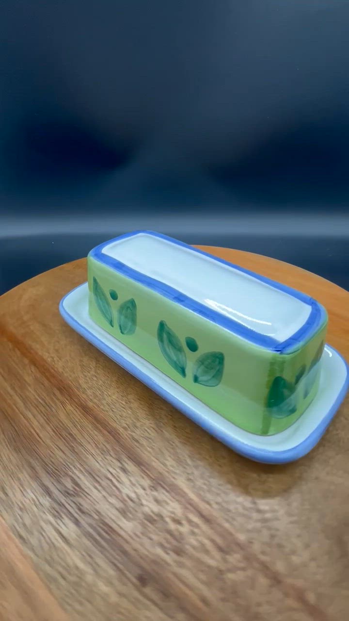 Vintage Handpainted Caleca Italian Pottery Butter Dish with Lid, Leaf Design