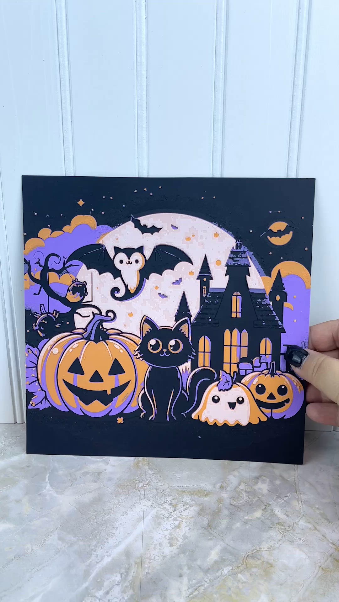 Halloween Decoration Wall Art,  Art, Pumpkins Black Cat Ghost Bats, Haunted House, Spooky Season, Textured Art, Hueforge Art Of