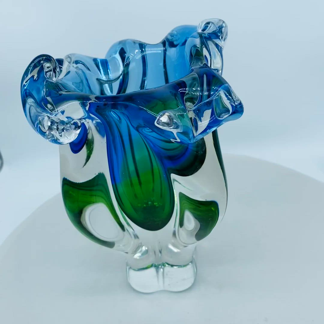 #05 Hospodka Czech Vintage Art Glass Vase Blue Green Clear 1970s