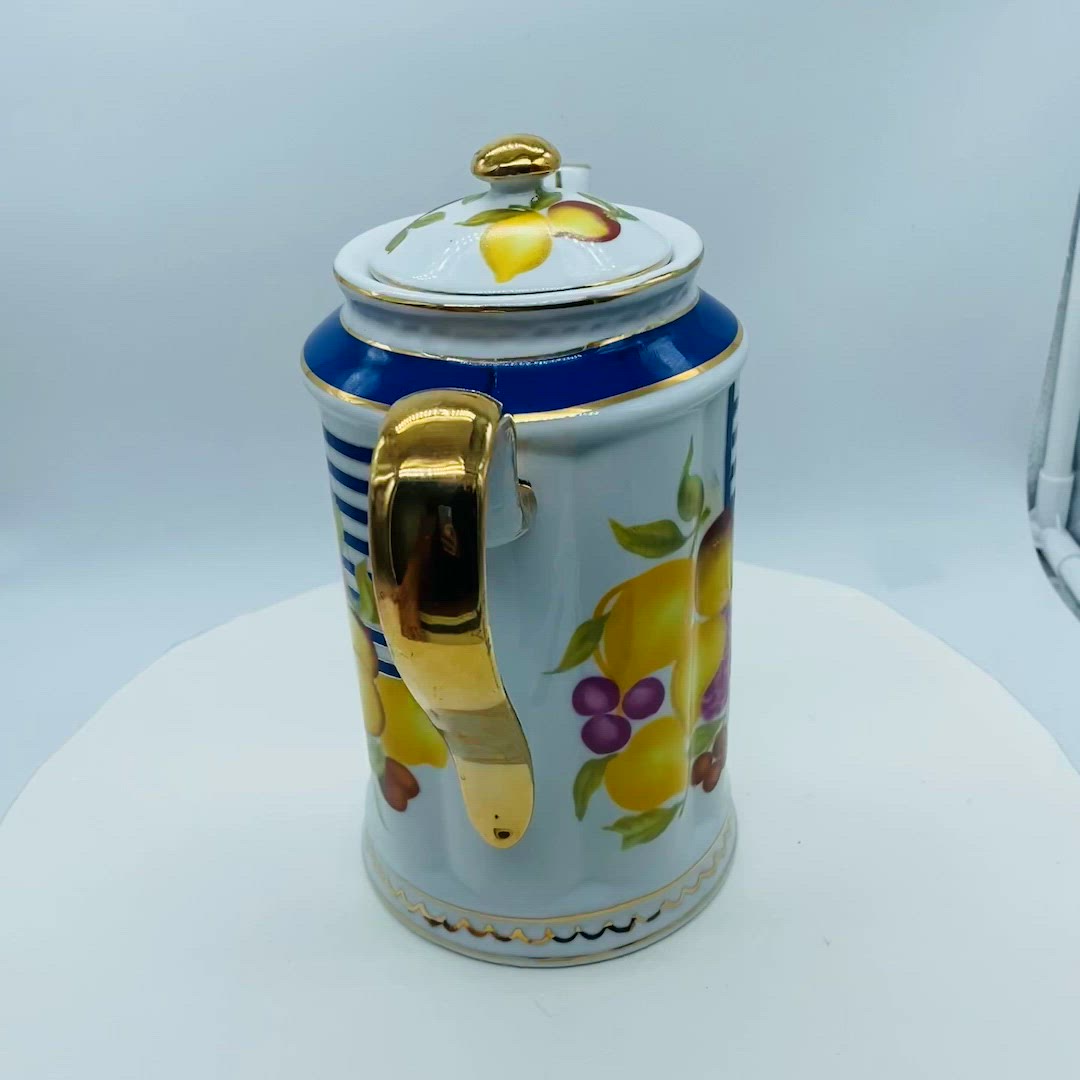 #1805 Porcelain Coffee Pot Tall Vintage Fruit Motif Greek Flag Gold Highlights