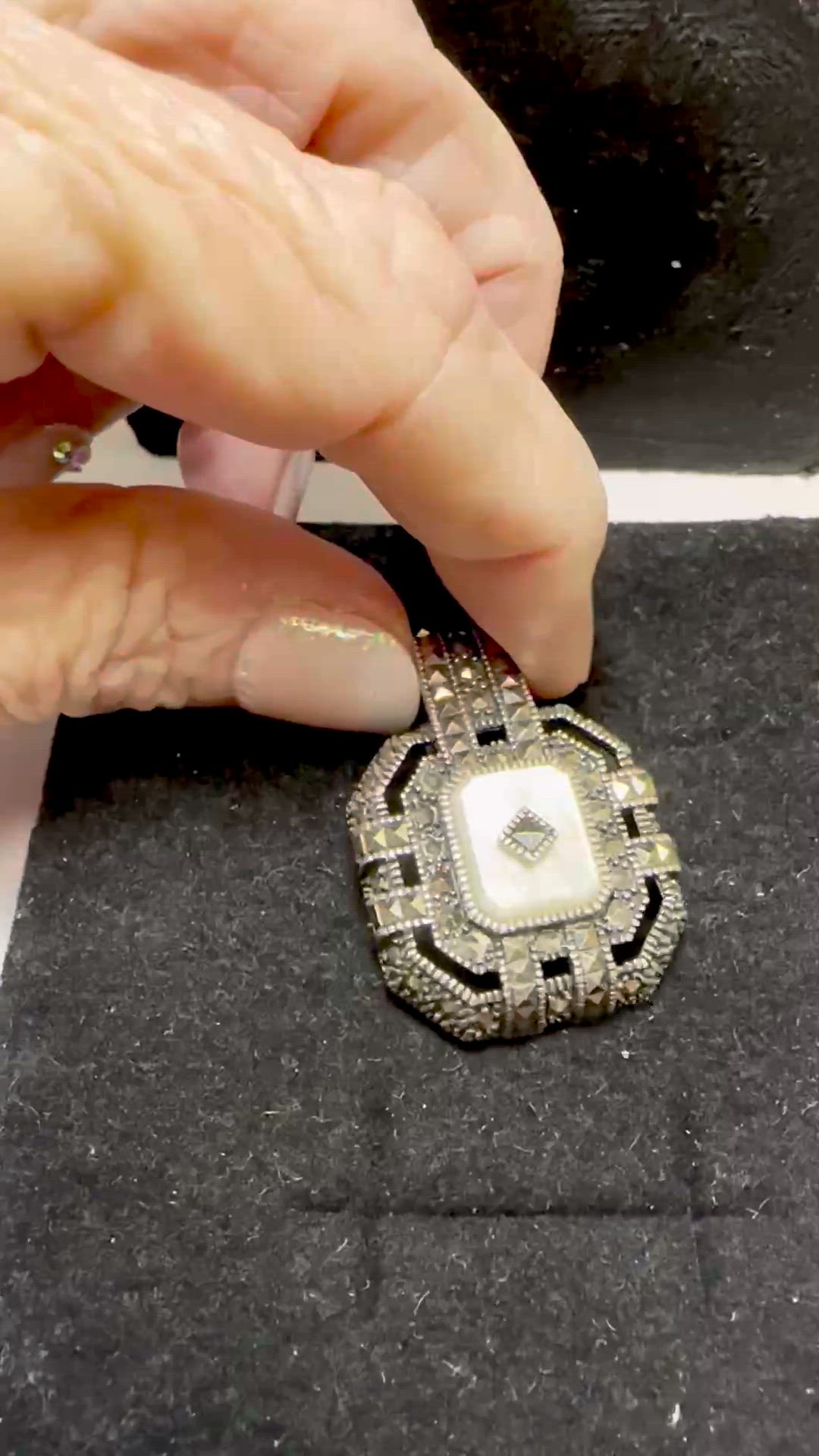 Vintage Marcasite & Mother of Pearl Large Sterling Silver Pendant