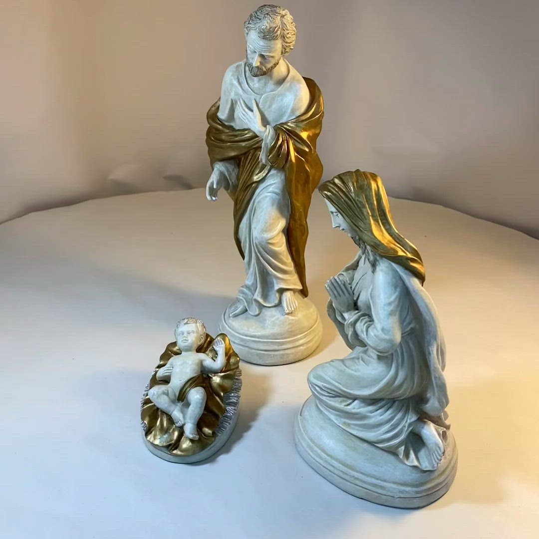 #2912 Vintage 3 piece Nativity Holy Family Handcast Handpainted Resin Stone and Gold colour
