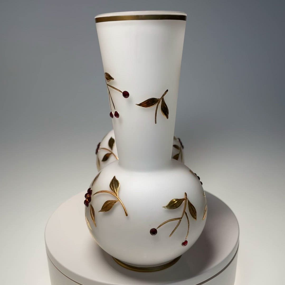 Vintage Pair Satin Frosted Cased White Glass Vases Hand Decorated in Gold Enamel & Rhinestones 6"