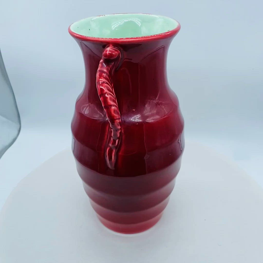 #1907 Shorter Vintage Pottery Vase Handles Red outer Green Inner 10 Inch 1930s England