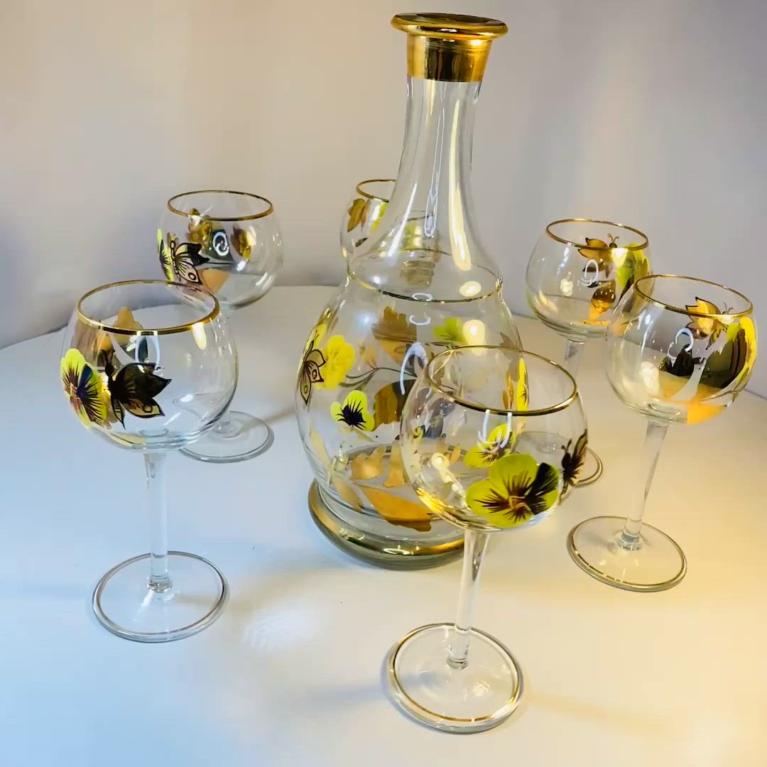 #1311 Hand Painted Carafe and 6 Wine Glass Romania Butterflies Pansy Yellow Gold