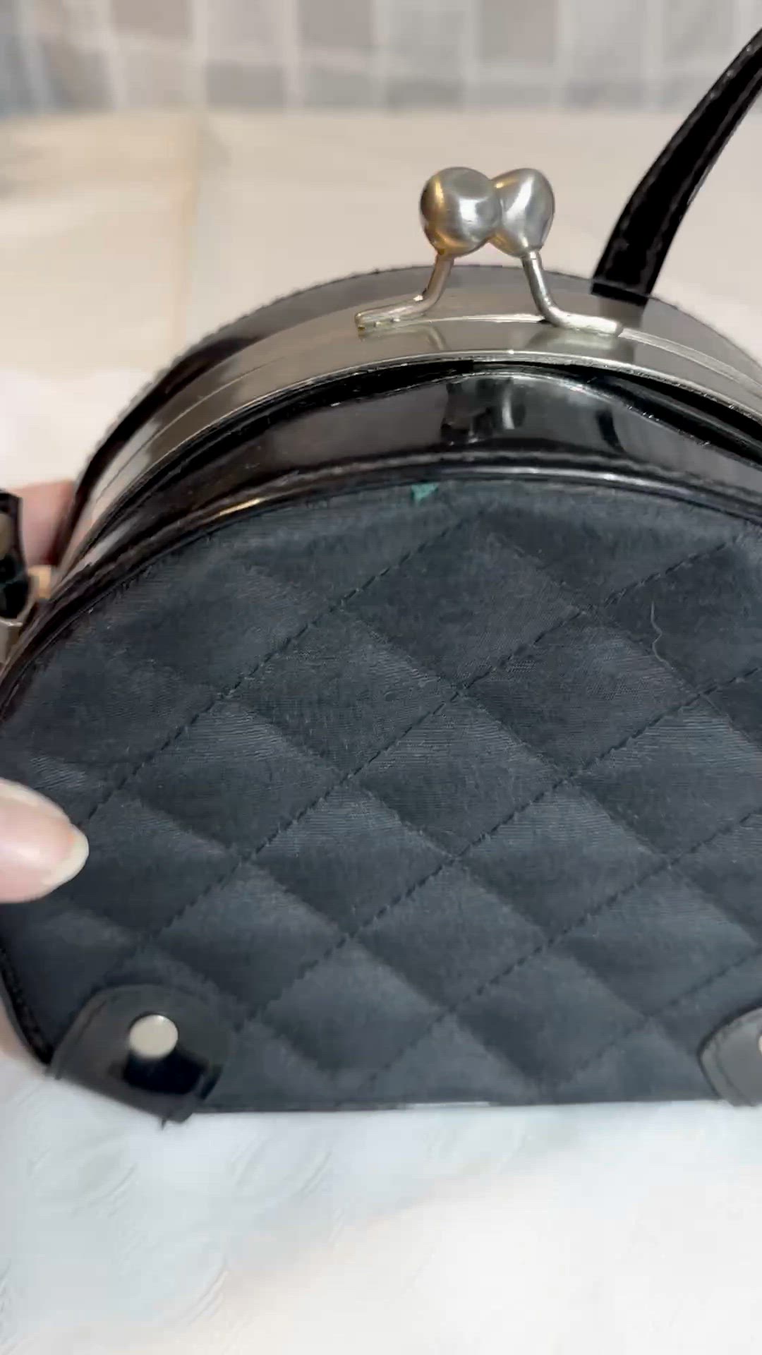 Vintage Camaco Black Stitched Cloth and Patent Leather Pill Box Purse