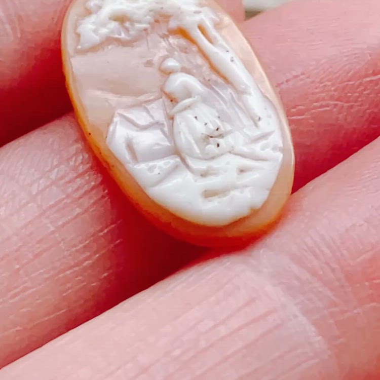Antique 1890s–1910 Shell Cameo Woman Cottage Scene Hand Carved Unmounted Jewelry