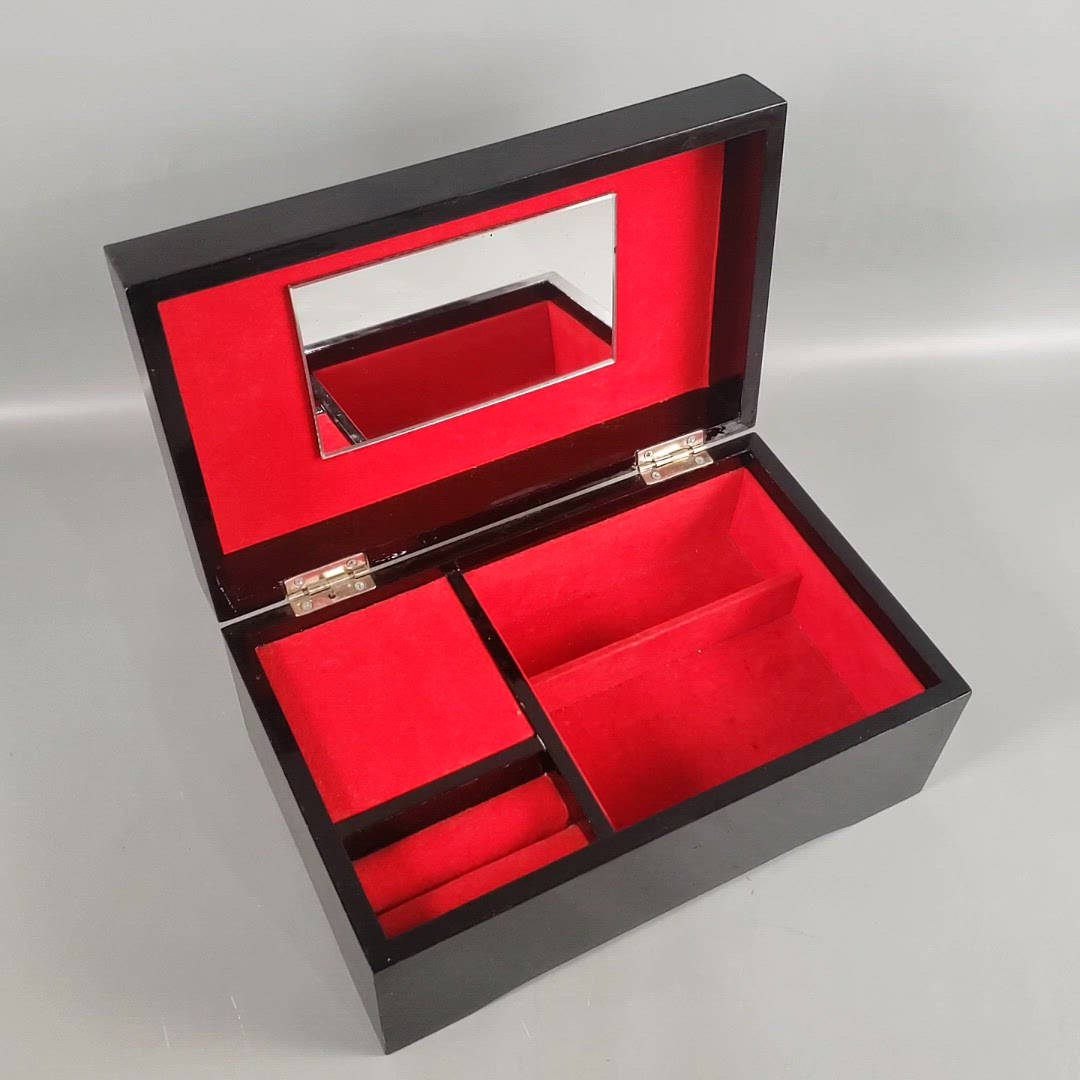 Vintage JAPAN Black Lacquer Gold Red Rose Wood Mirror MUSICAL JEWELRY BOX WORKS