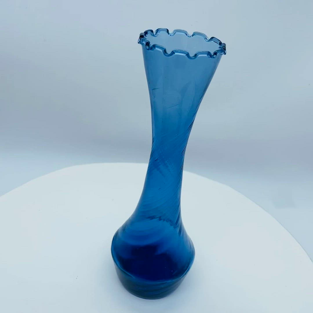 #0208 Tall  Blue Glass Optic Swirl Ombre Vase Vintage 8 inch
