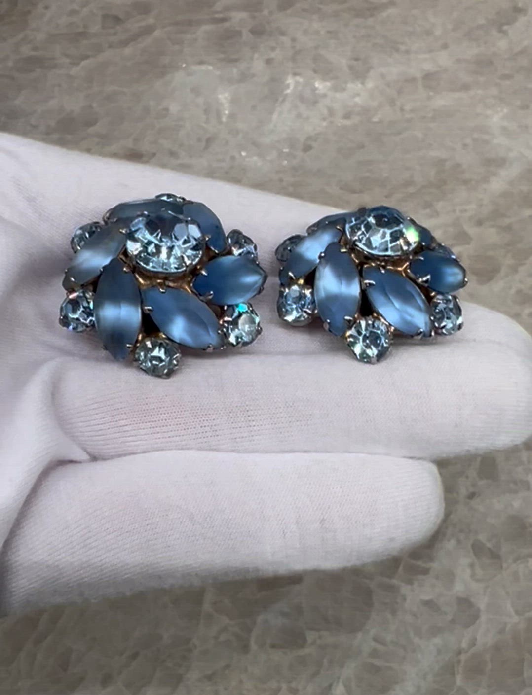 Vintage Blue Givre Frosted Prong Navettes Rhinestones Silvertone Clip Earrings #F-6