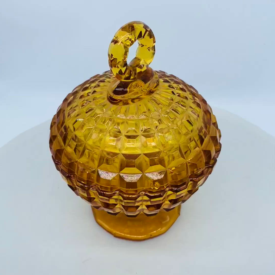 #0411 Vintage Amber Gold Glass Candy Dish with  Lid and optic pattern MCM Pressed Glass
