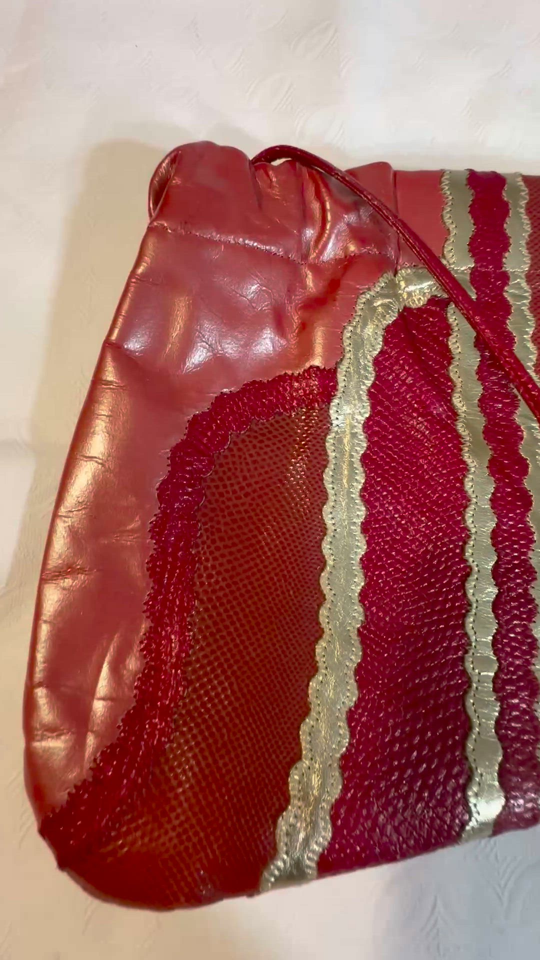 Vintage Carlos Falchi Made in USA Red and Gold Hand Stitched Snakeskin Leather Purse