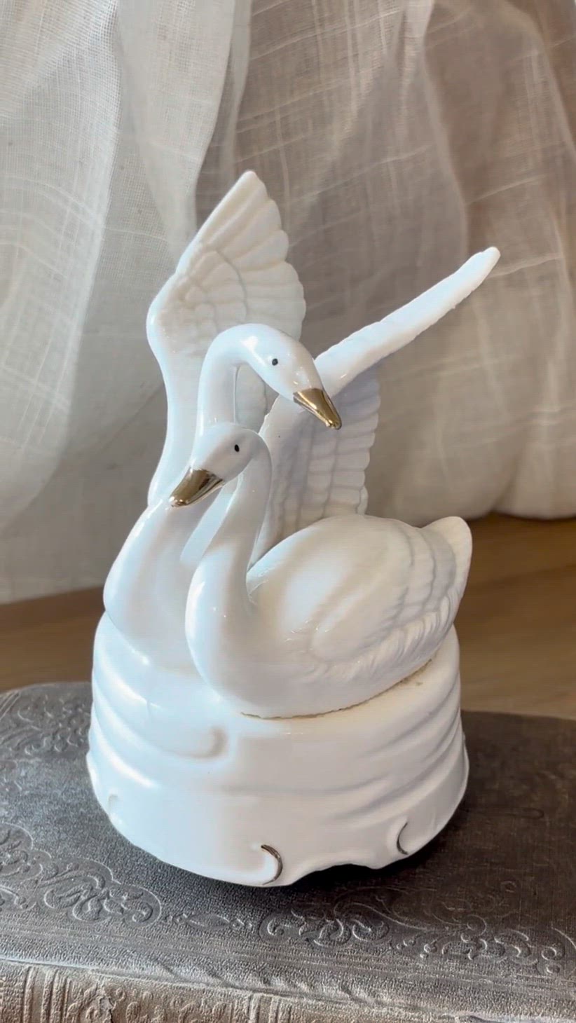 Vintage White Ceramic Swan Rotating Music Box - Gold Accent