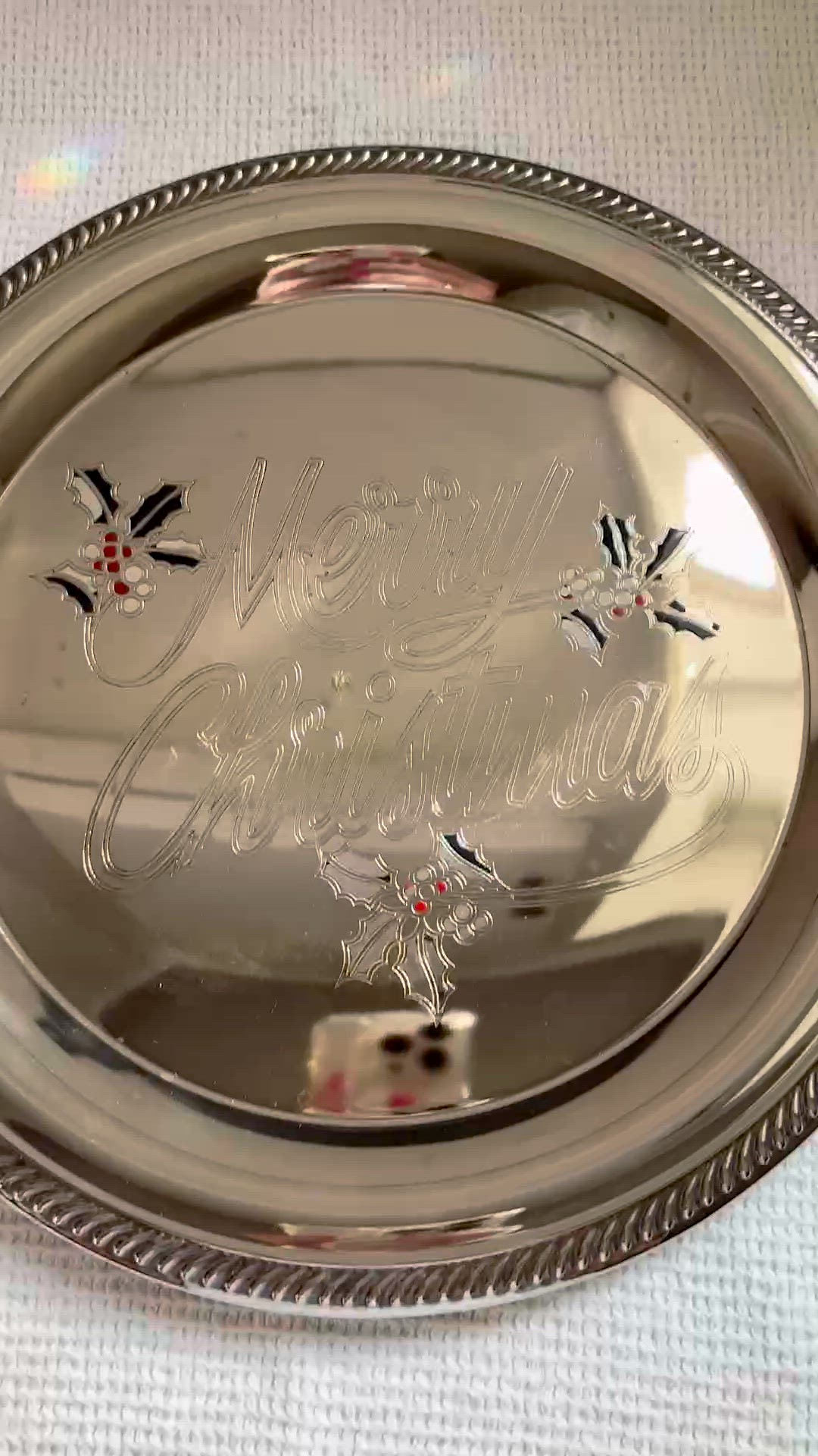 Silver Plated “Merry Christmas” Plate Platter With Holly And Berry Details