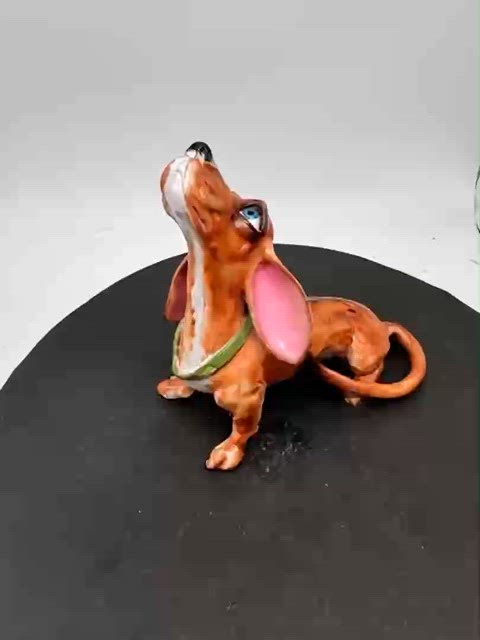 #1463 Vintage Italian porcelain Basset Hound figurine with a green collar.