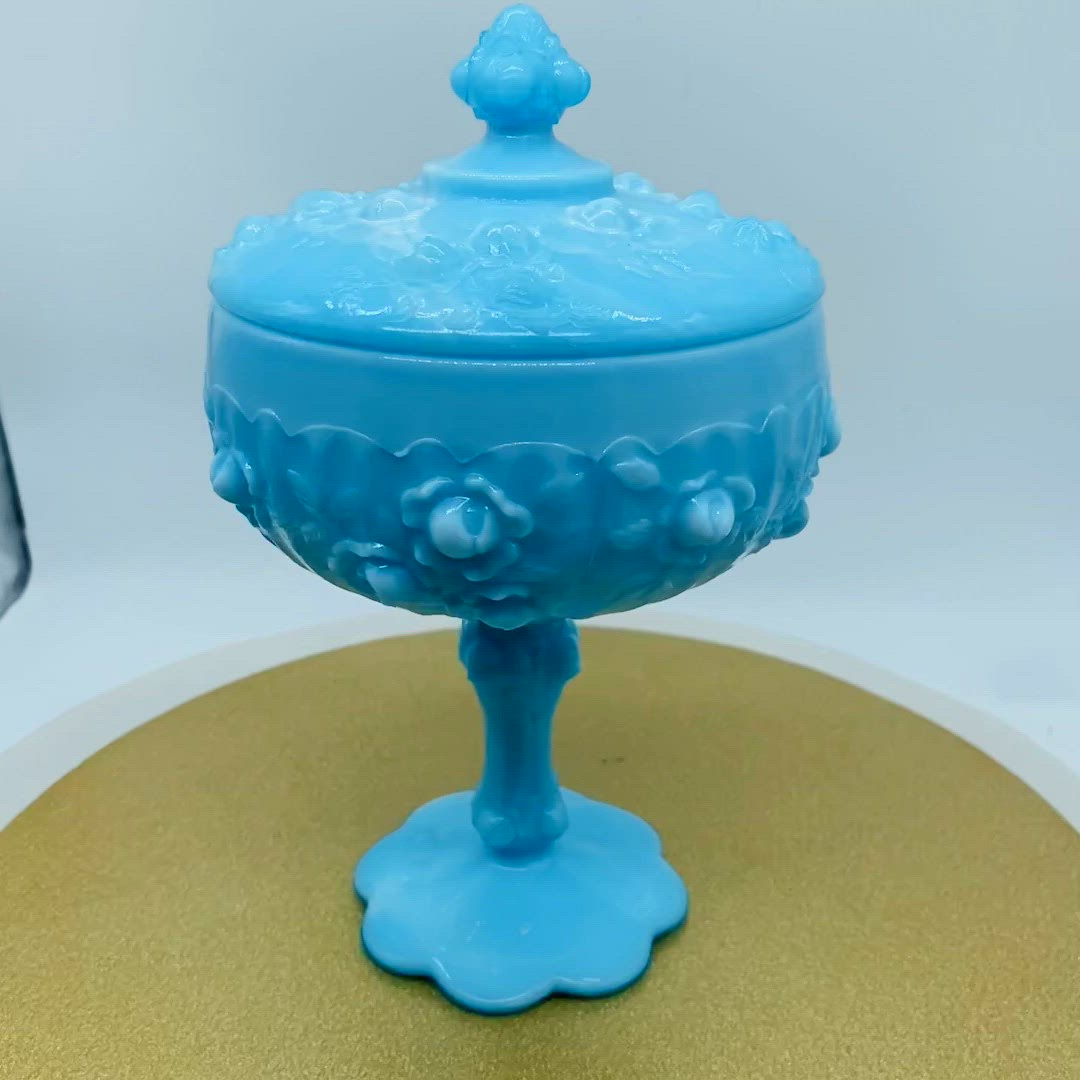 Vintage Fenton Cabbage Rose Compote Lidded Pedestal Blue Slag Glass