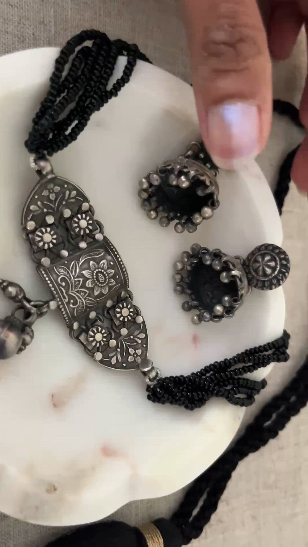 Solid  925 silver set - adjustable black beads necklace & jhumkas