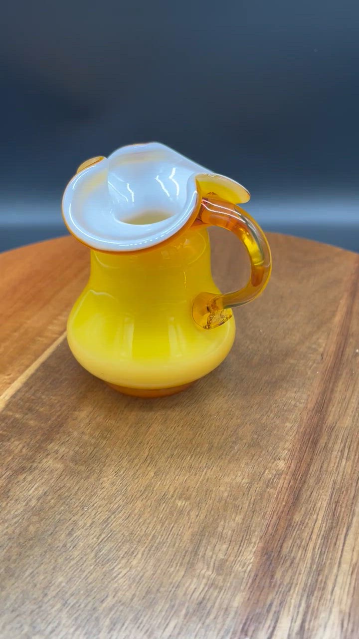 Vintage Kanawha Hand-Blown Yellow & White Glass Creamer 4" Tall