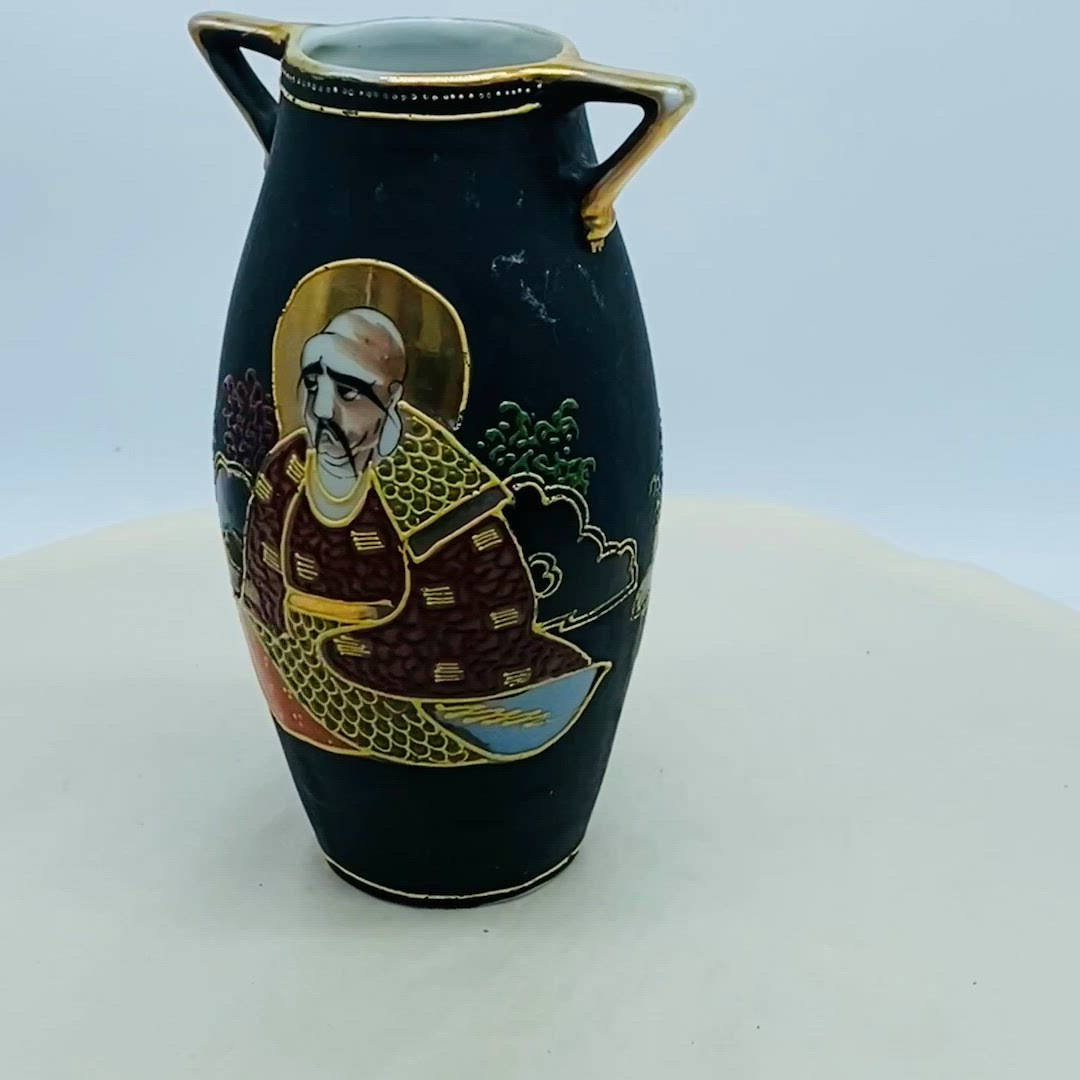#5102  Black Gold Vintage Japanese Satsuma Moriage Vase 6 inches Hand Painted Warrior