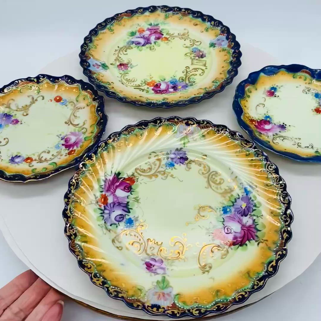 #5108 Hand Decorated Japanese Cobalt Gold And Floral Pair Plates and Pair Saucers Vintage