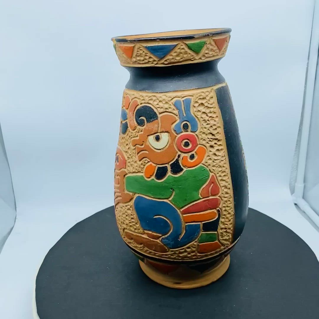 #3006 Guatemalan Aztec Motif Pottery Large Vase (small Chip On Lip)