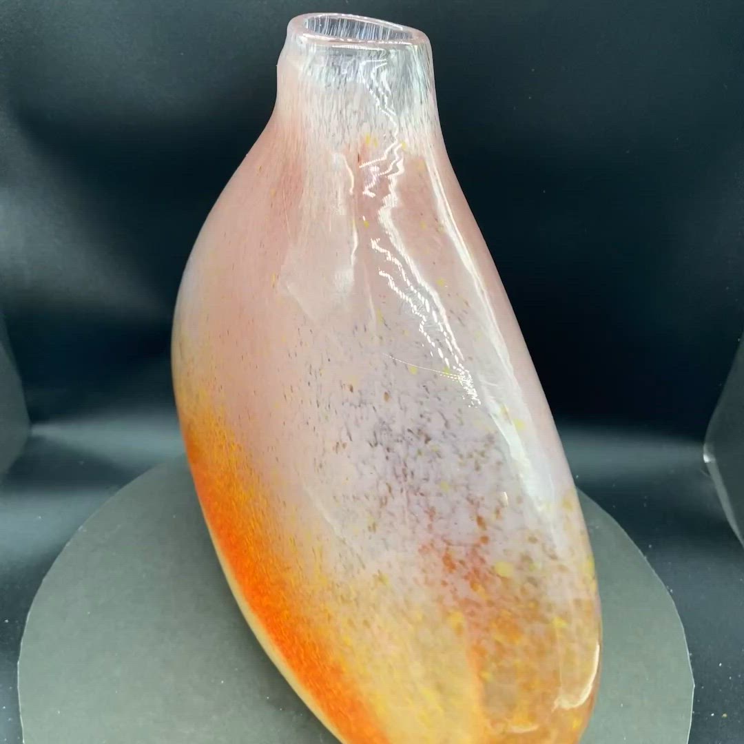 #0704 Very Large Pink to Orange Flat Round Hand Blown Art Glass Vase.  Heavy 12 x 11 inch
