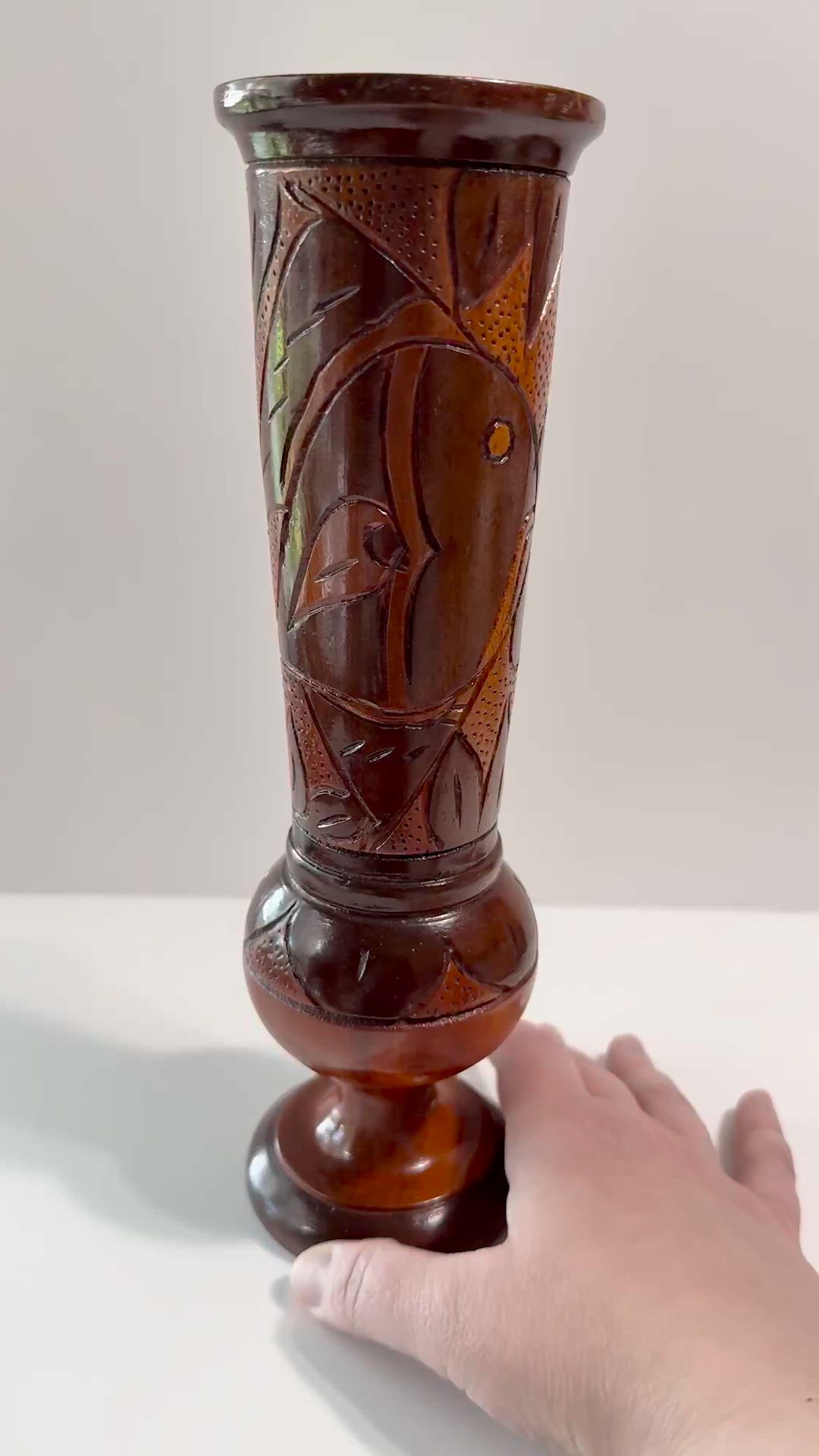 Vintage 2 Toned Carved Wooden Vase With Fish And Leaf / Flower Design