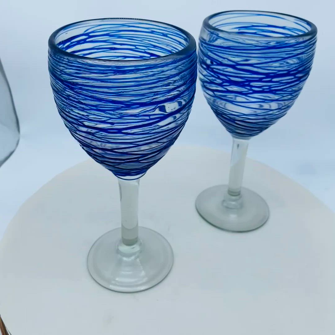 #1310 WINE Bar ware Pair Large Sturdy Recycled Glass Blue Swirl Glasses Drinkware.