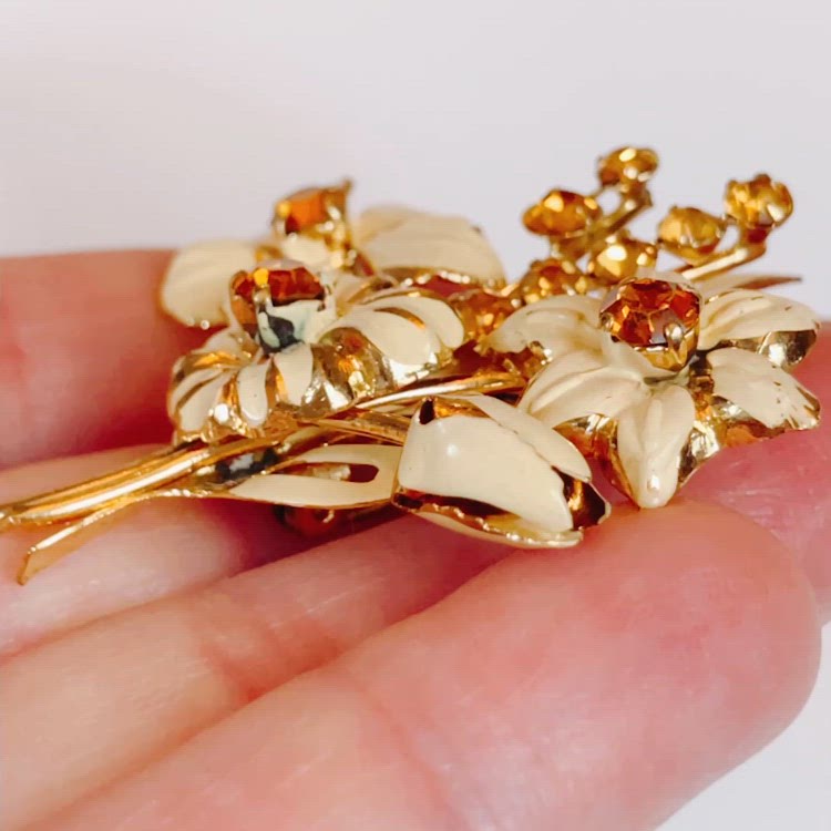 Mid Century Austria Enamel Amber Rhinestone Gold Tone Floral Bouquet Brooch