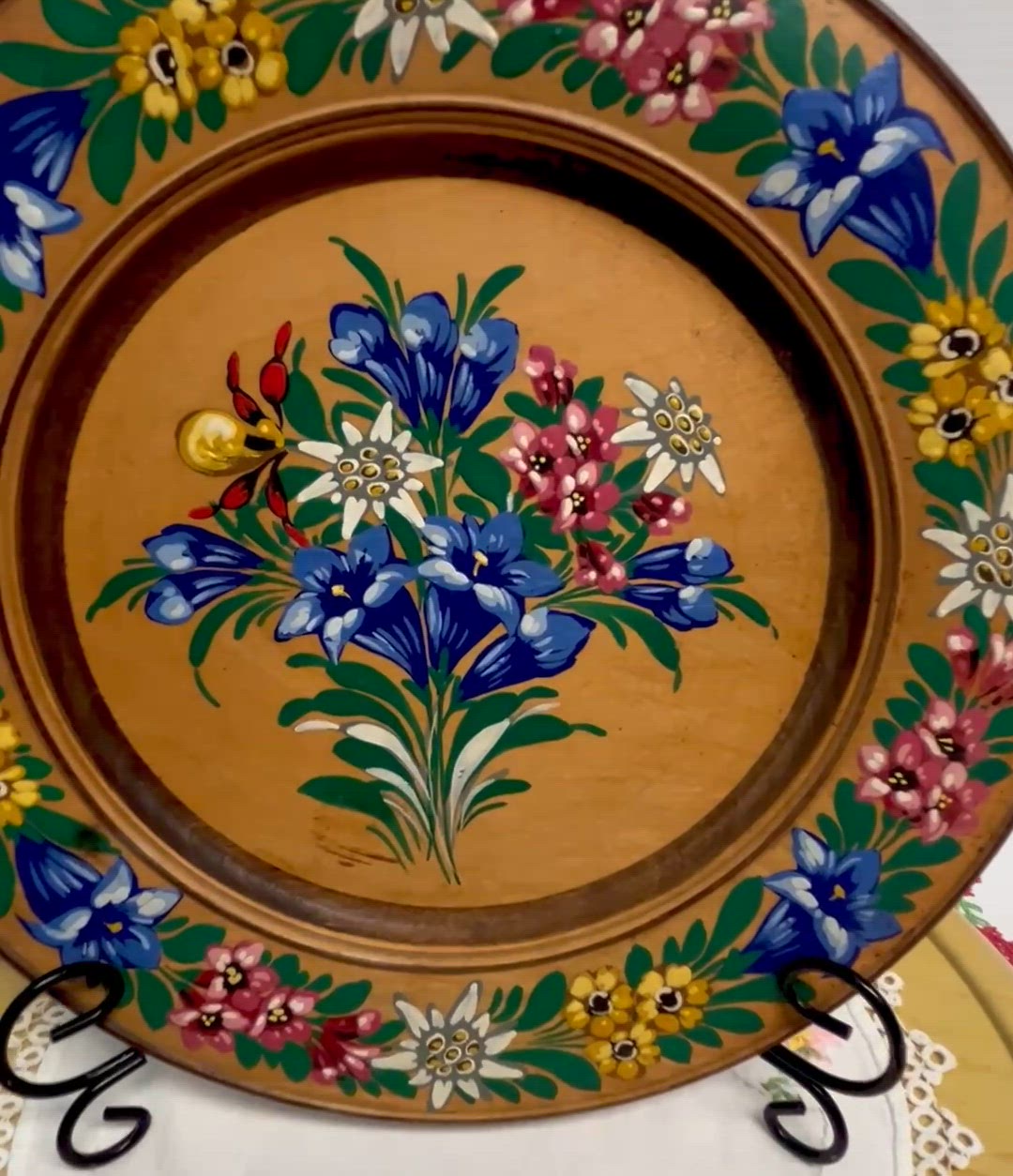 Hand painted wooden plate vibrant floral motifs Bavarian folk art wall decor