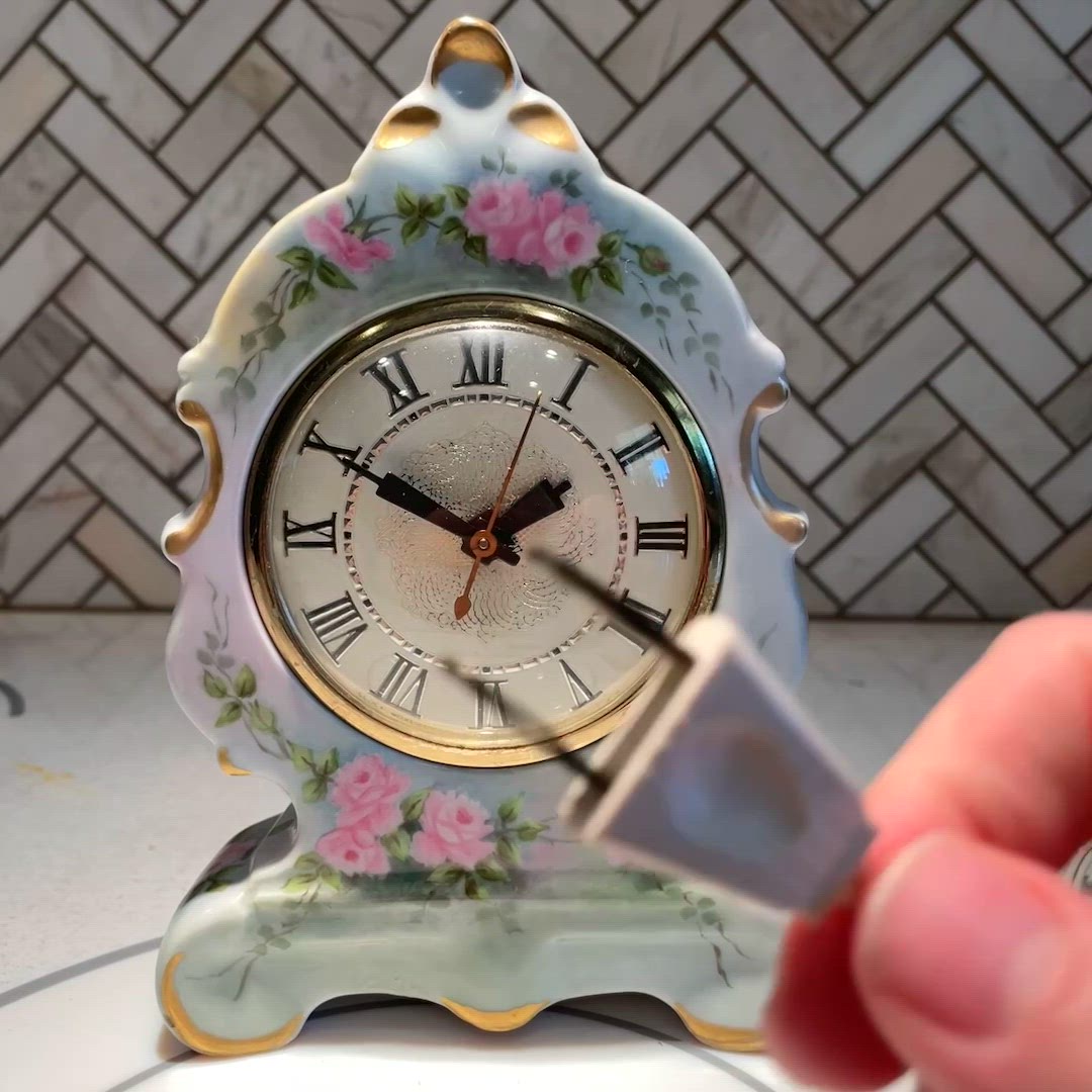 Clock Movement By Lanshire Hand Painted Pink Roses Ceramic Shelf Clock Signed Vintage 1960s READ