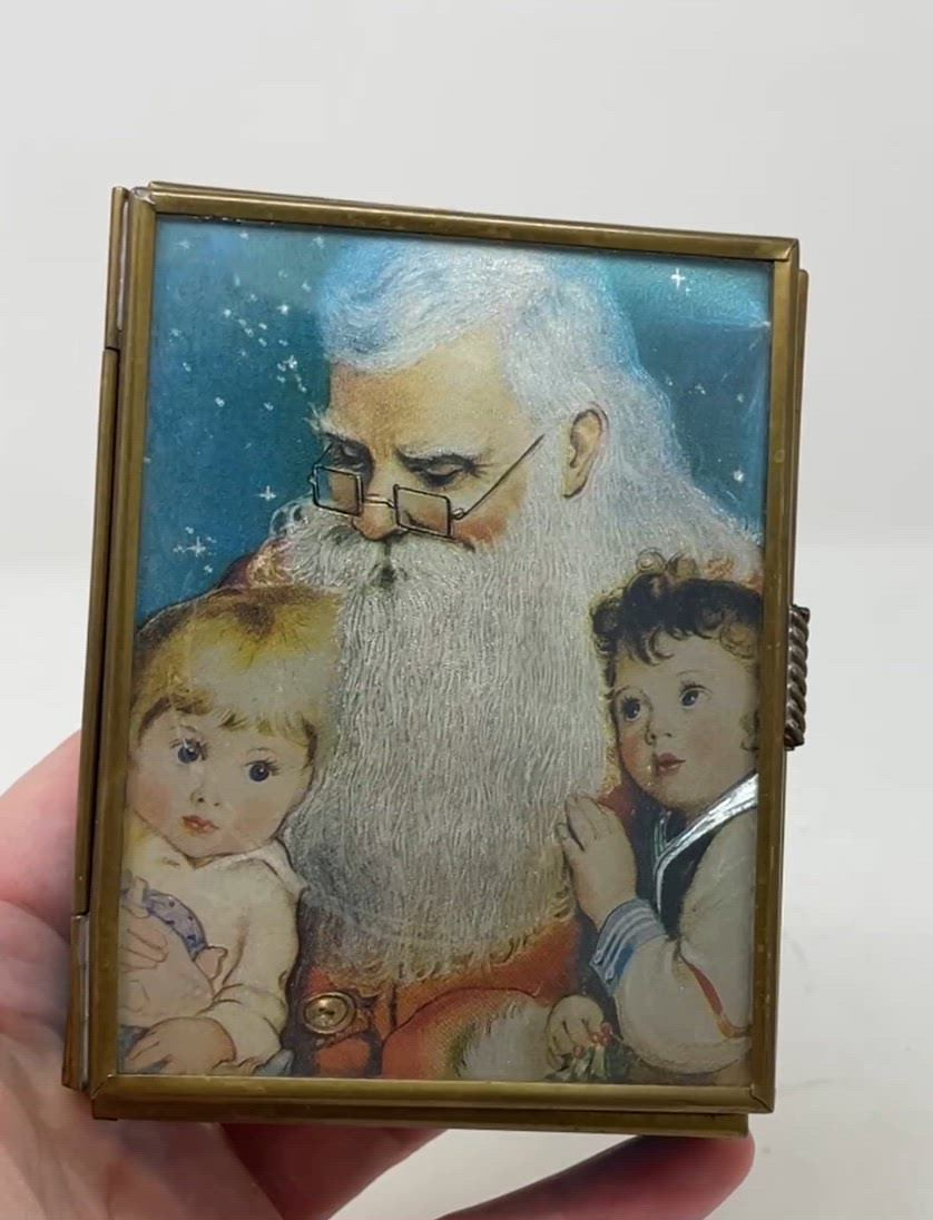 Vintage Stained Glass And Brass Foil Santa Hinged Trinket Box