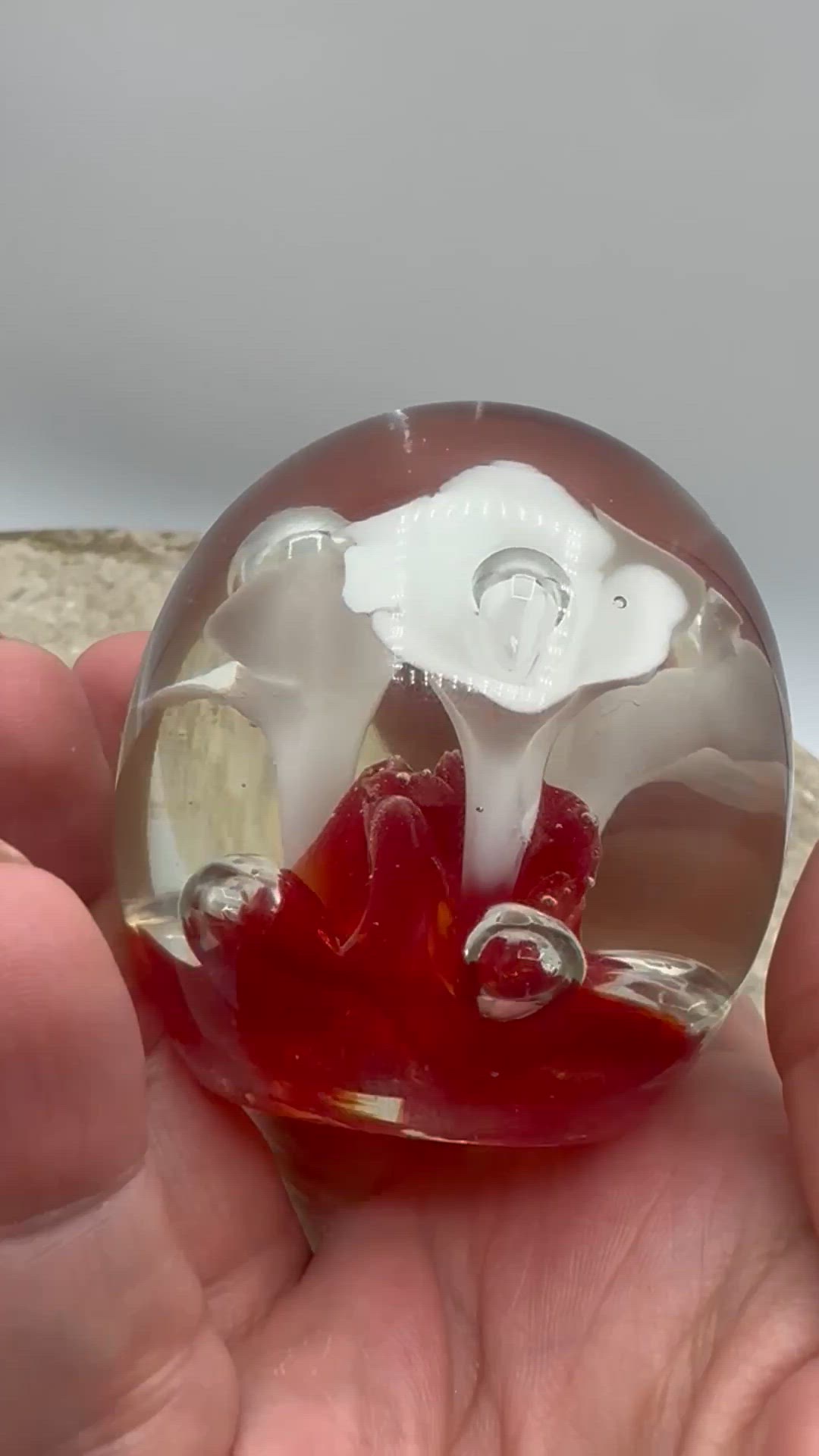 Vintage Hand Blown Art Glass Paperweight With Controlled Bubbles & White Trumpet Flowers Red Bottom Swirl - As Is
