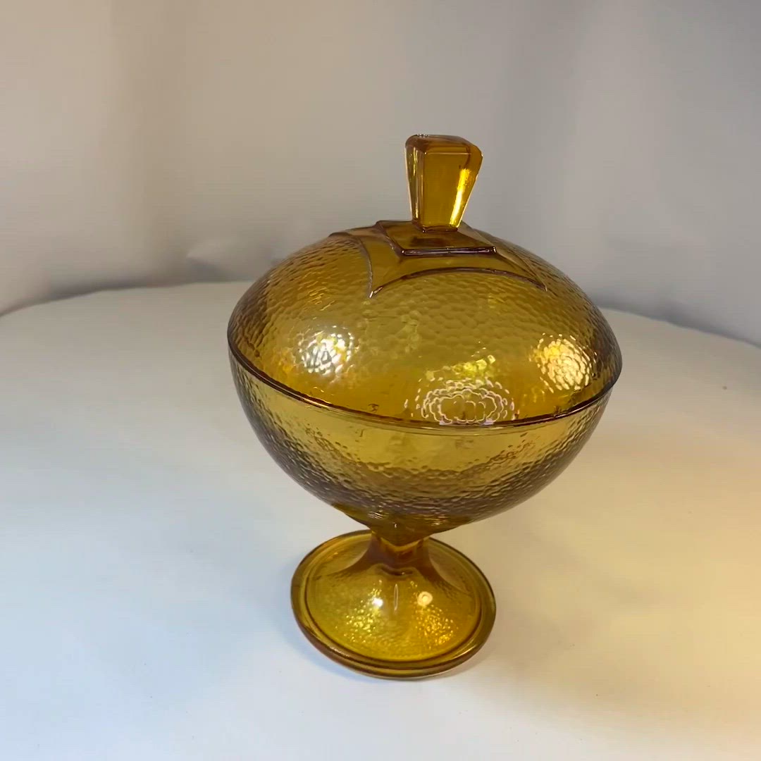 #1117 Jeanette Yellow Amber Glass Candy Dish with Lid MCM Orb Footed (flaw)